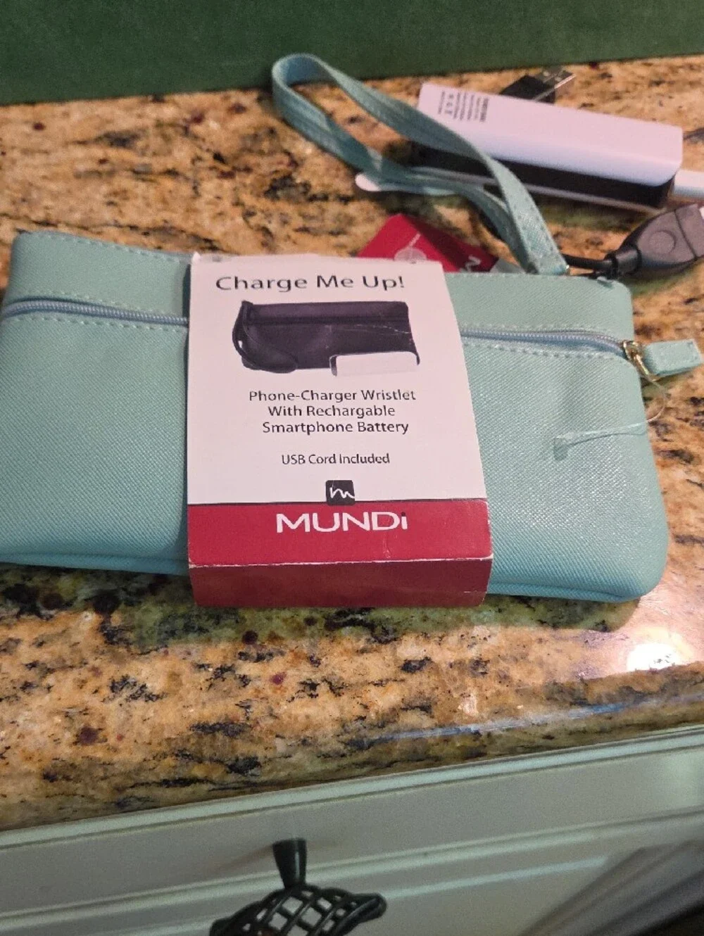 mundi Mint Blue Wristlet Charger Pouch with Detachable Power Bank